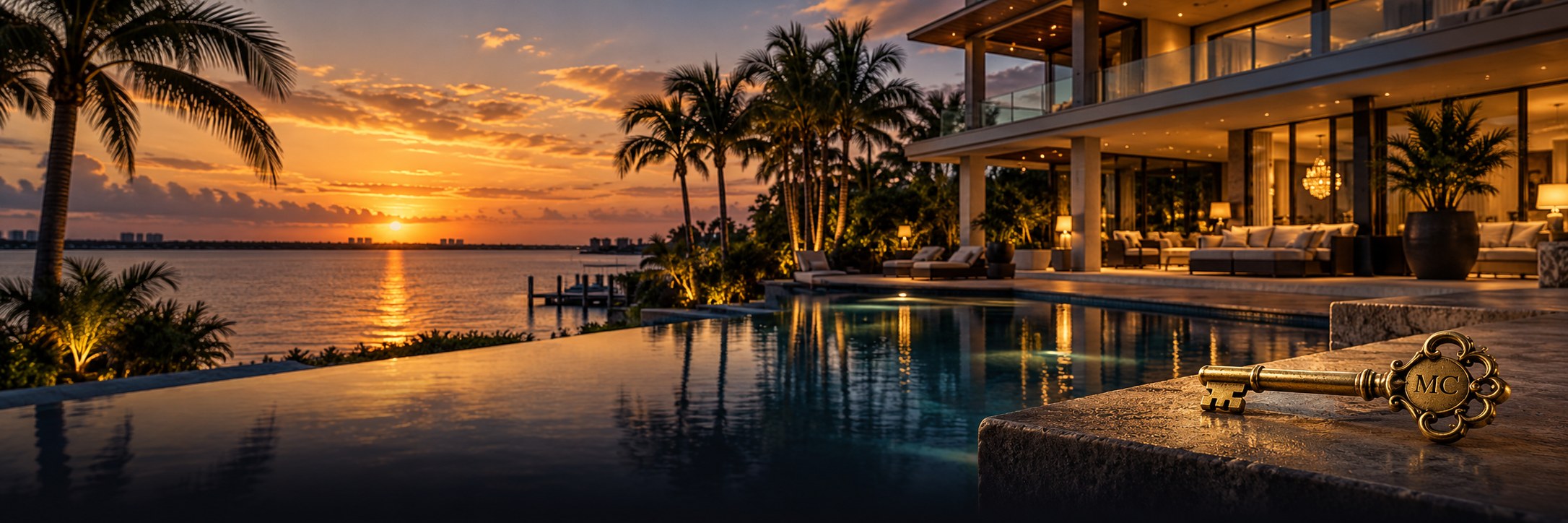 Luxury waterfront home at sunset